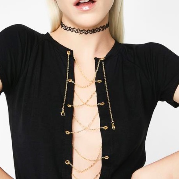 NWT O Mighty Midnight Xtina Tee sexy Chains Lace up cut out Crop top Medium - Picture 2 of 11